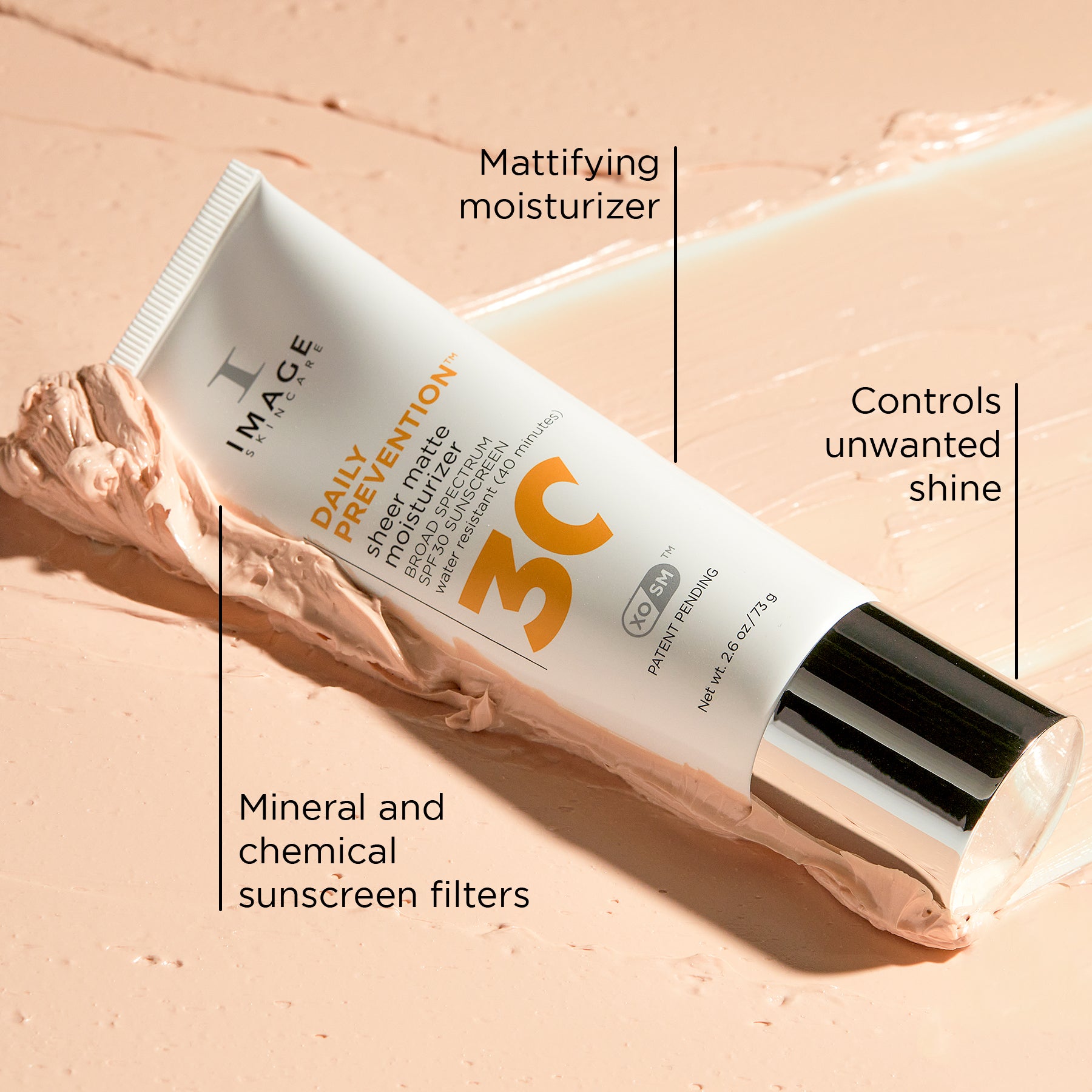 product image with texture shot and benefits listed 